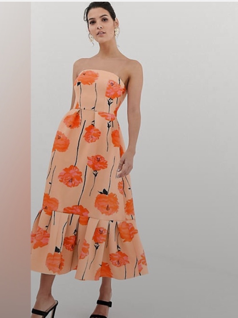 Asos Strapless Peach Floral Midi Dress